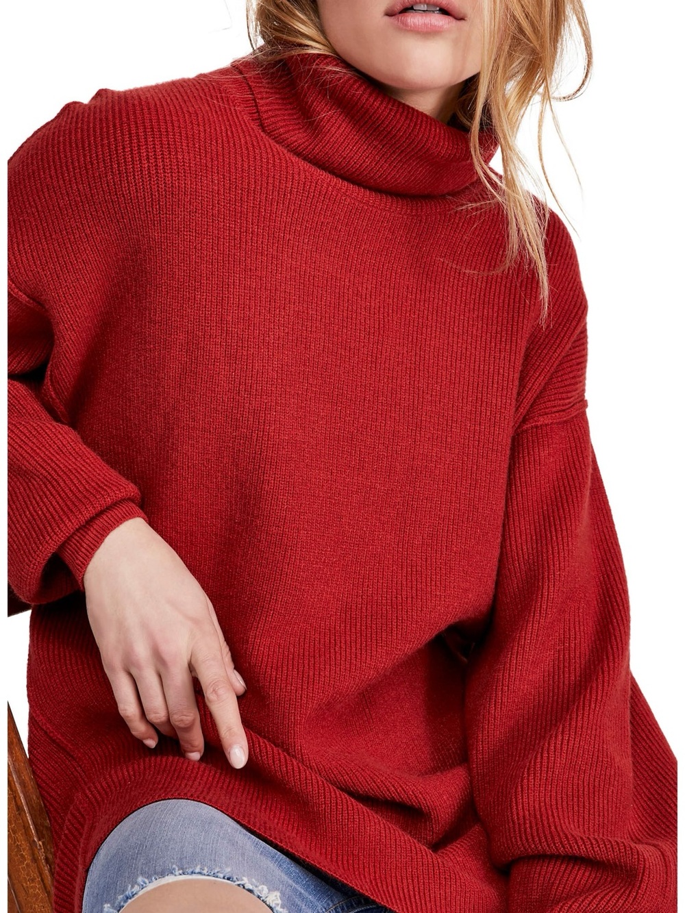 Free People Softly Structured Knit Tunic in a brick red/terracotta hue